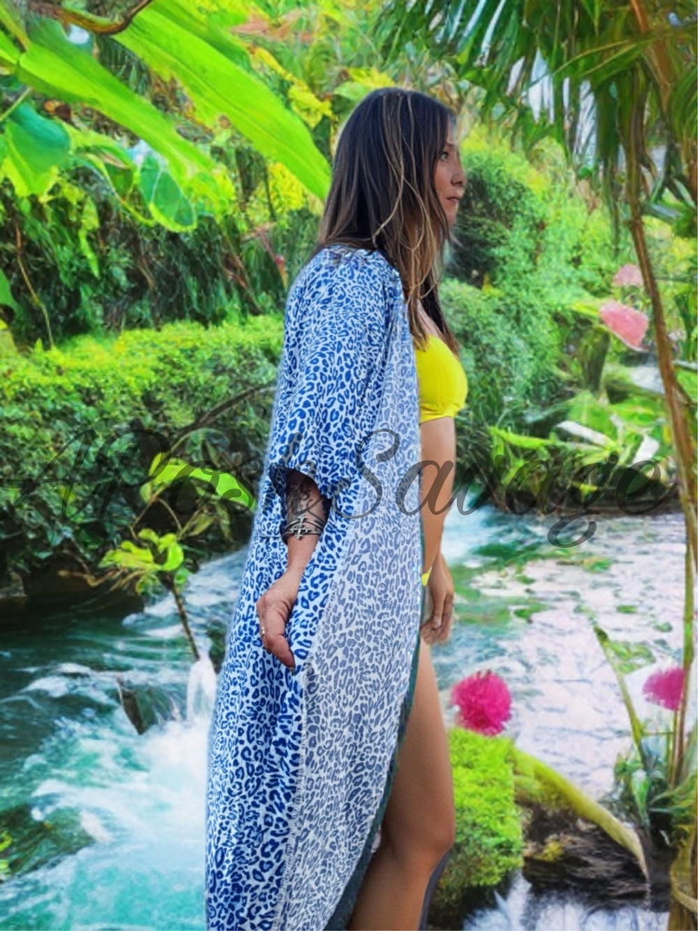 Blue & White Leopard Print Open Front Duster Kimono w/ Belt or as swim cover